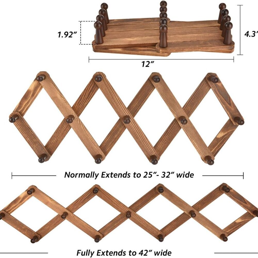 Vintage Wood Expandable Peg Rack- Multi-Purpose Accordion Wall Hangers with 13 H - Picture 3 of 9